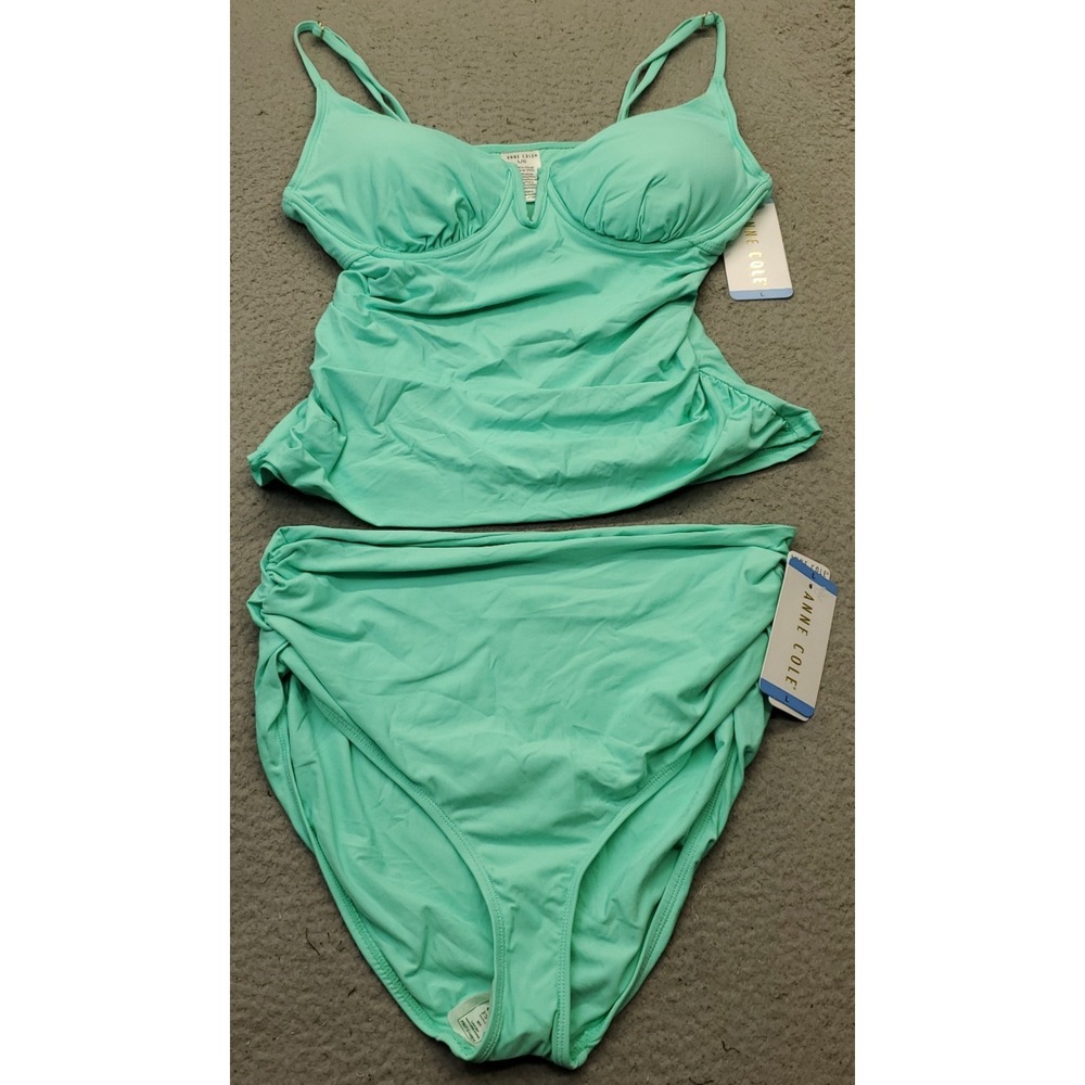Anne Cole 2 Piece Tankini Swim Suit Womens Large Green Padded Adjustable Strap